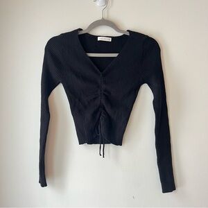 Active USA Black Ribbed Ruched Front Long Sleeve Top S Stretchy Y2K Cute